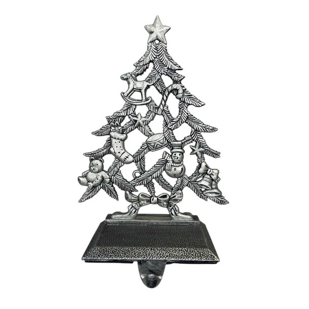 Pewter Metal Christmas Tree Fireplace Mantle Shelf Stocking Holder Hanger‎